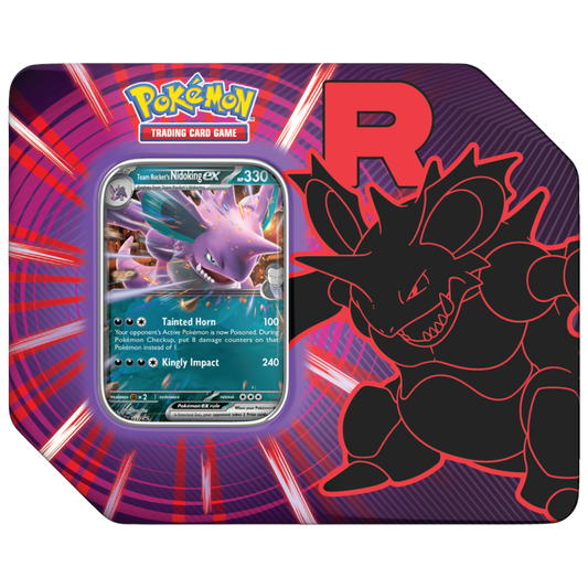 Pokémon TCG Team Rocket Tin featuring Nidoking ex promo card and booster packs