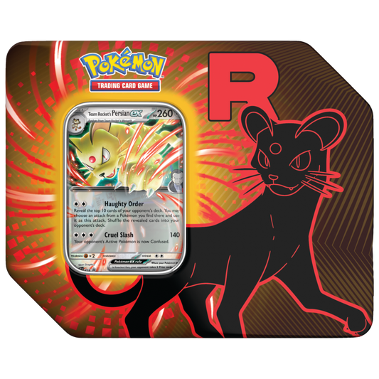 Pokémon TCG Team Rocket Tin featuring Persian ex promo card and booster packs