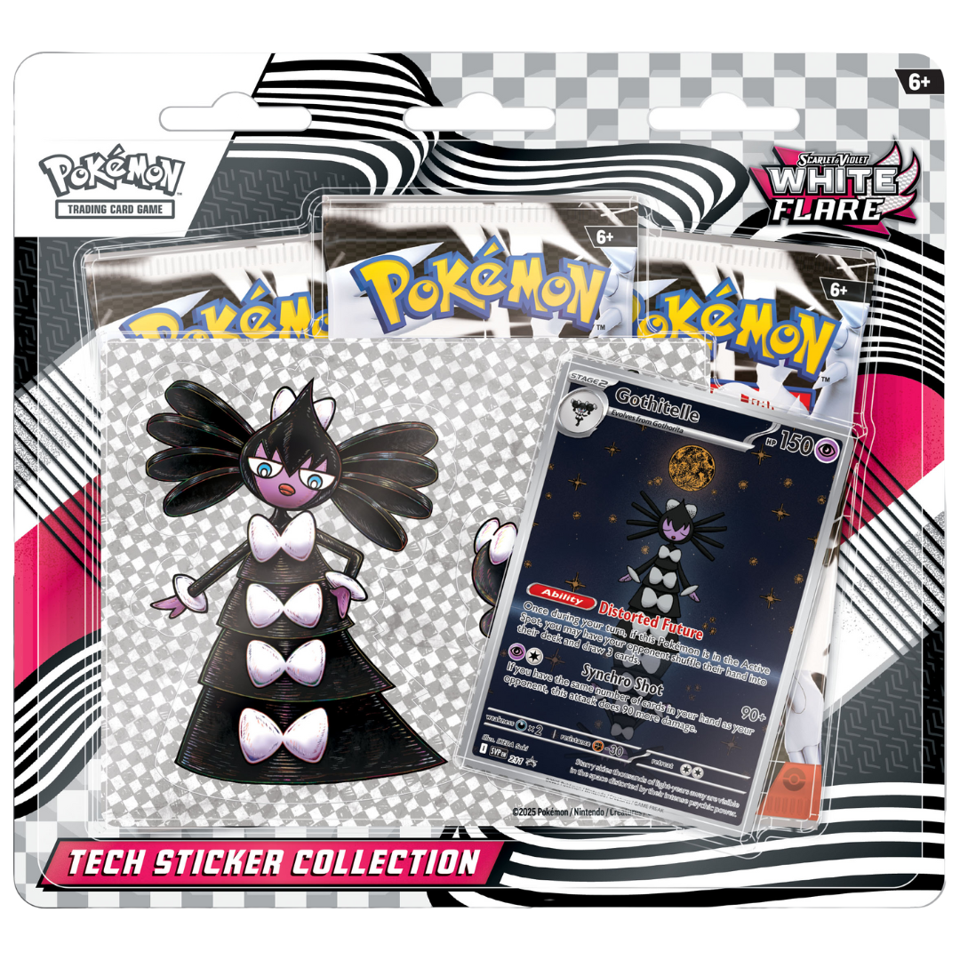 Pokemon White Flare Tech Sticker Collection with Gothitelle promo, sticker sheet, and 3 booster packs