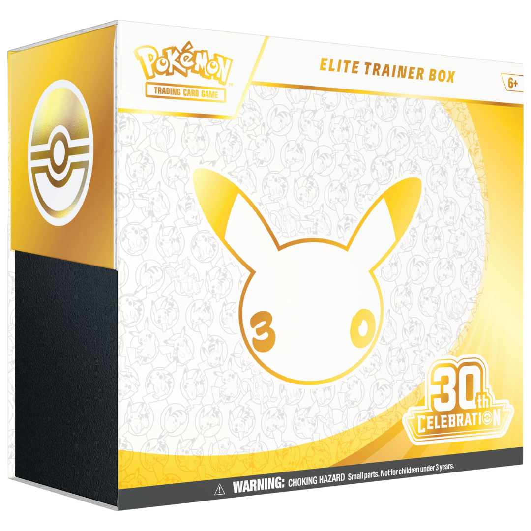 Pokemon 30th Celebration Elite Trainer Box with 9 booster packs, Nidorina promo card, foil Energy cards and accessories.