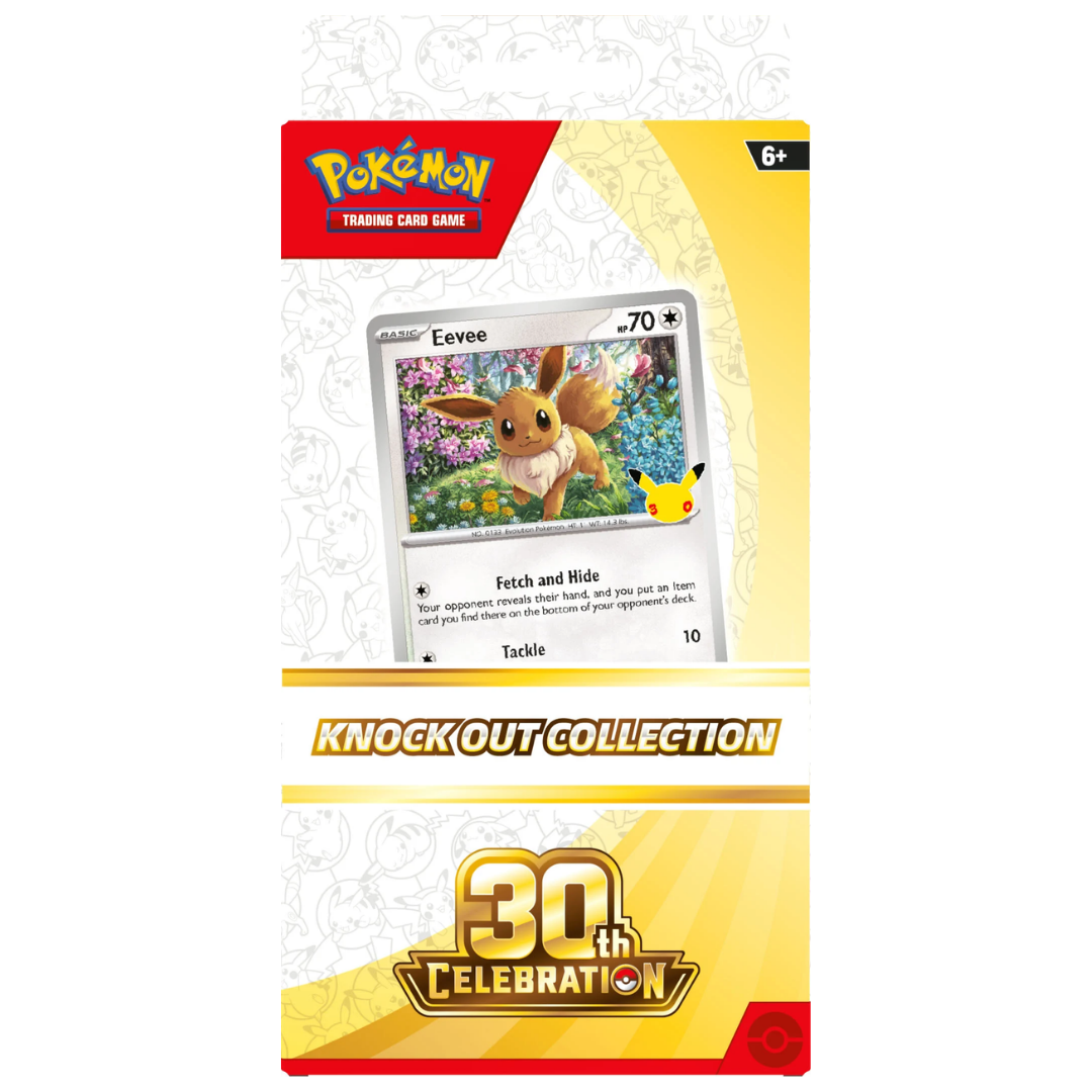Pokemon 30th Celebration Knock Out Collection with Eevee foil promo, two booster packs and commemorative coin.