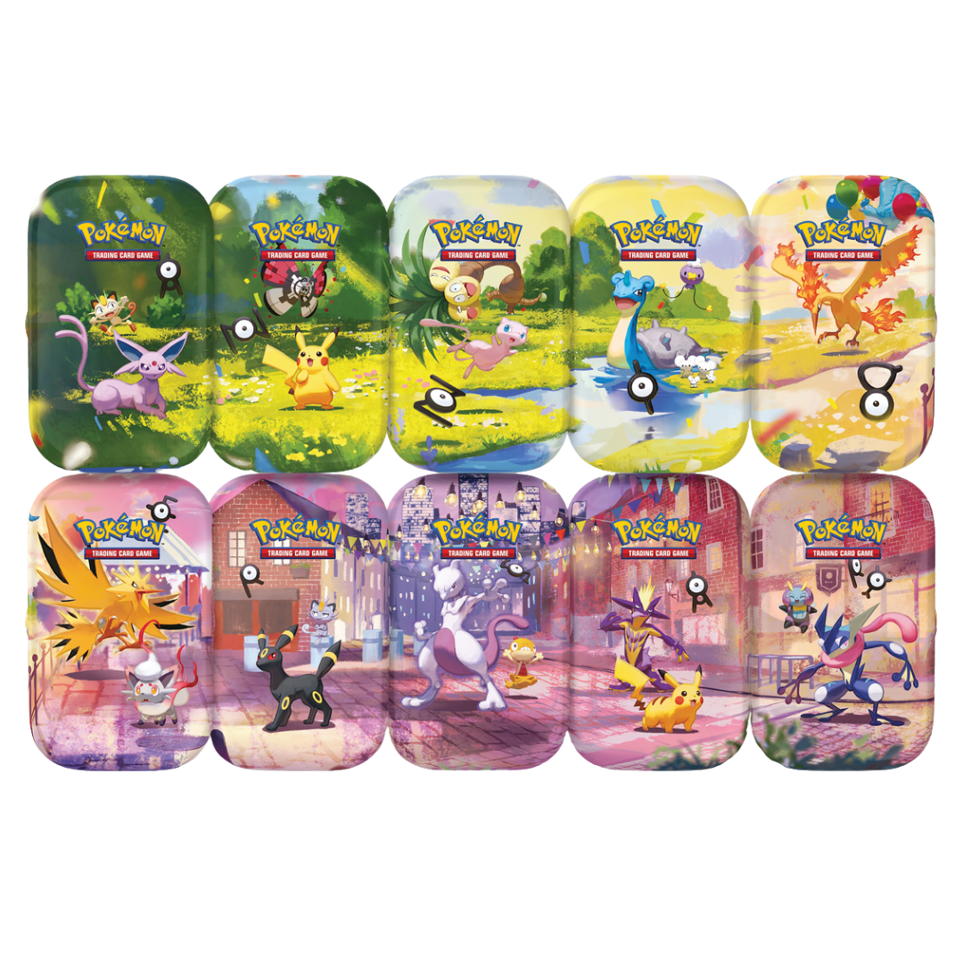 Pokémon TCG 30th Celebration Mini Tin assortment featuring 10 collectible anniversary designs