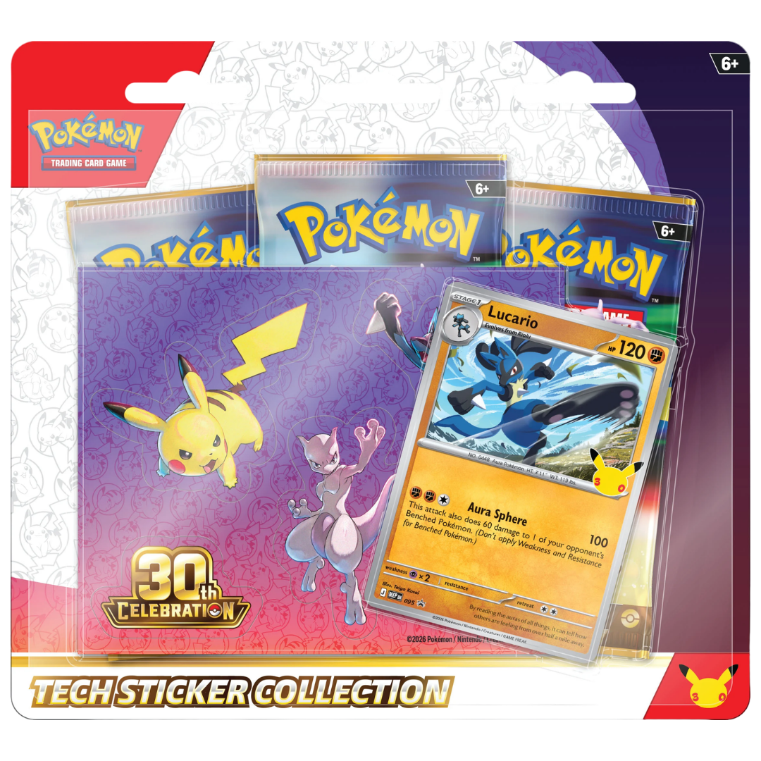 Pokemon 30th Celebration Tech Sticker Collection with three booster packs, foil promo card featuring Lucario and matching sticker sheet. 