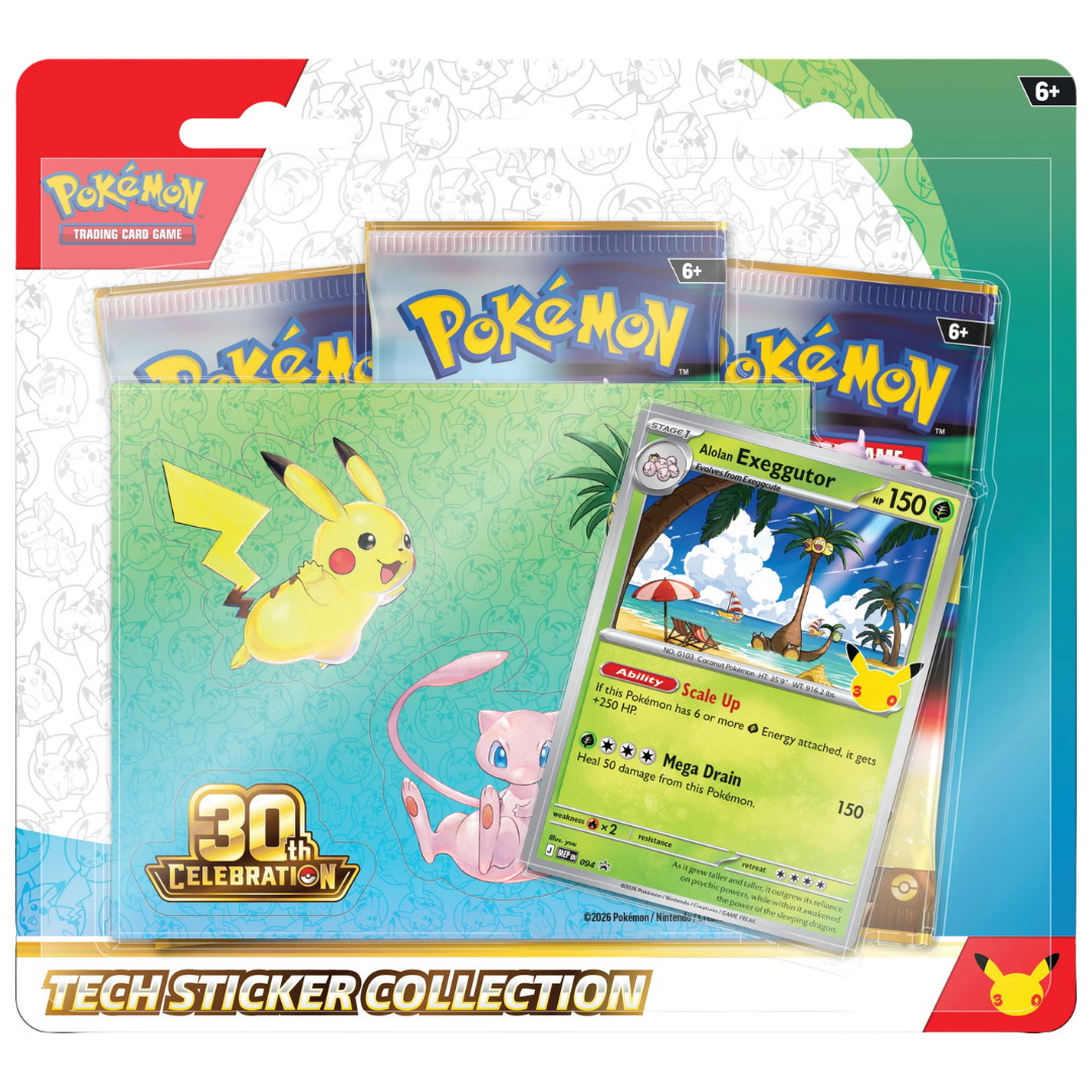 Pokemon 30th Celebration Tech Sticker Collection with three booster packs, foil promo card featuring Alolan Exeggutor and matching sticker sheet. 