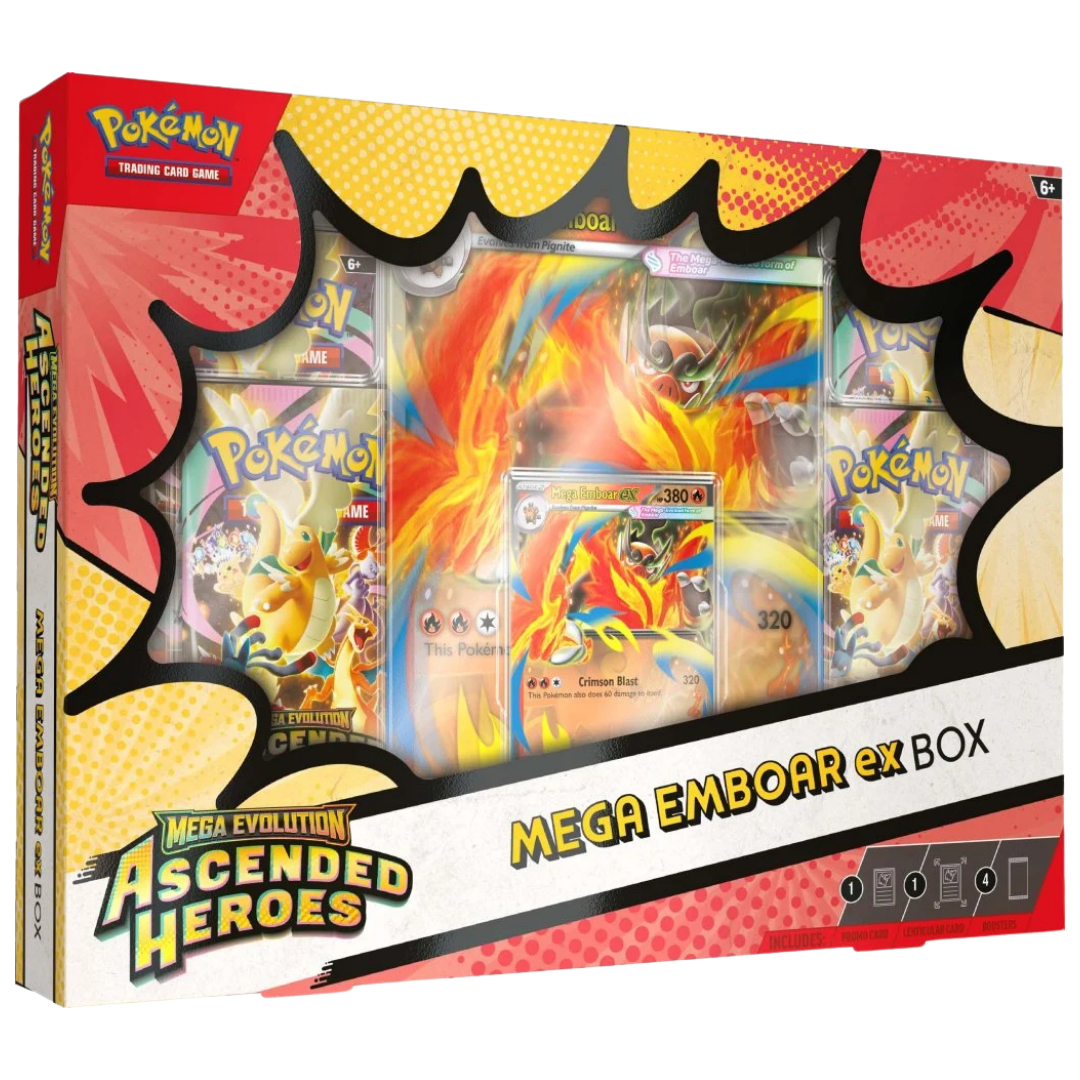 Pokemon Ascended Heroes Mega Emboar EX box with promo and jumbo lenticular card