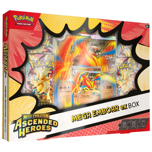 Pokemon Ascended Heroes Mega Emboar EX box with promo and jumbo lenticular card