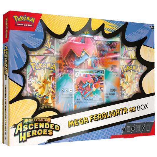 Pokemon Ascended Heroes Mega Feraligatr EX box with promo and jumbo lenticular card