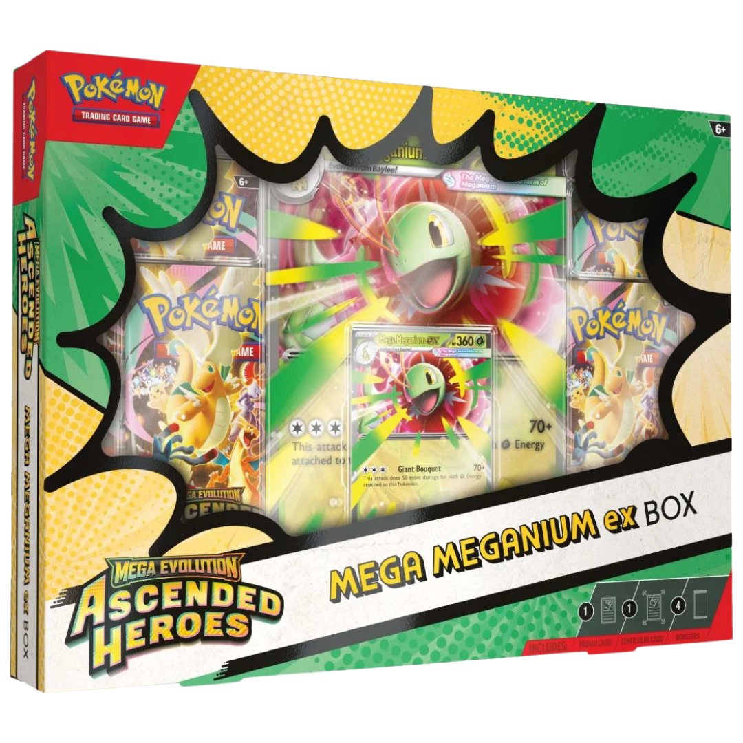 Pokemon Ascended Heroes Mega Meganium EX box with promo and jumbo lenticular card