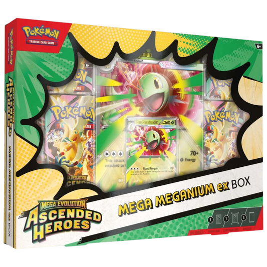 Pokemon Ascended Heroes Mega Meganium EX box with promo and jumbo lenticular card