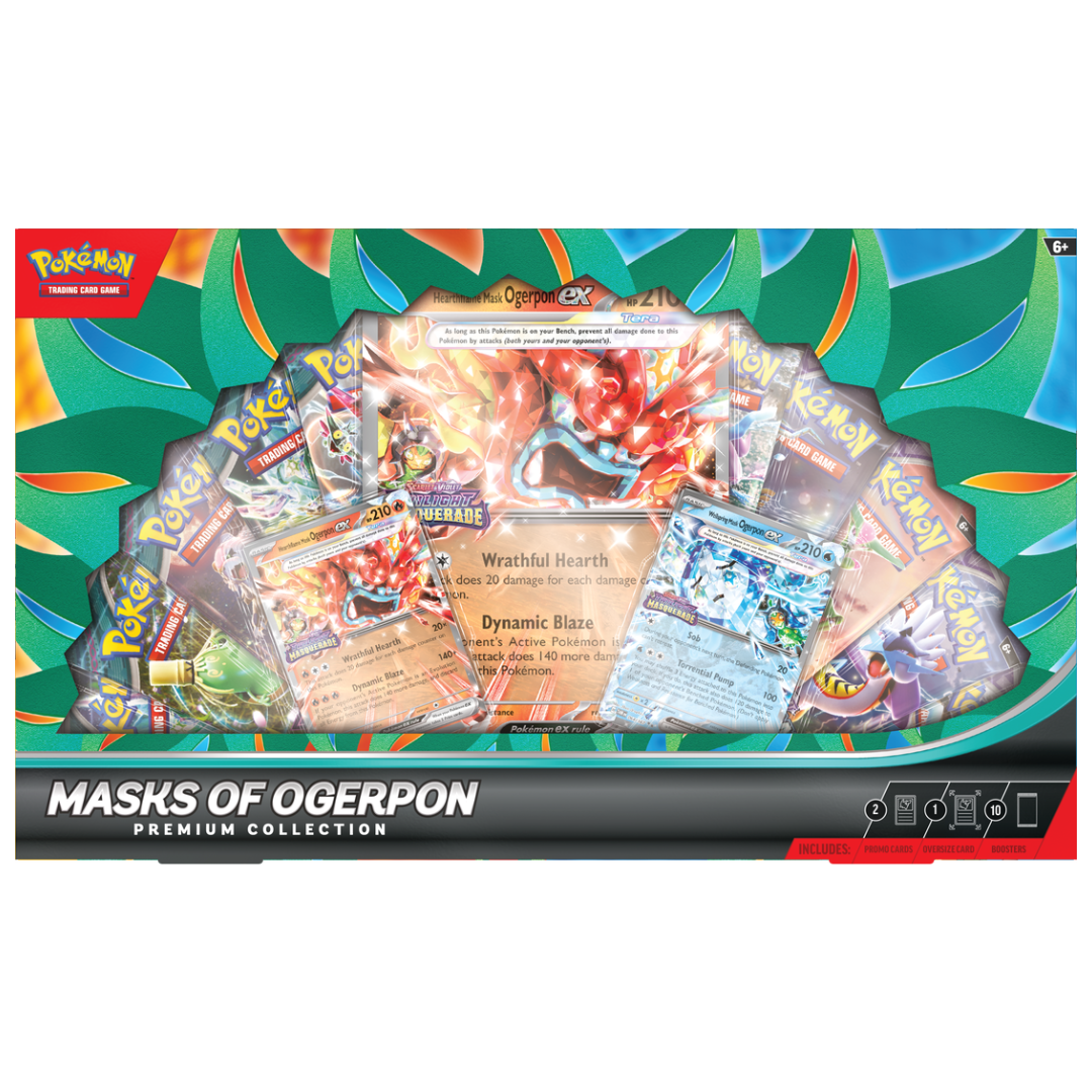 Pokemon Masks of Ogerpon Premium Collection, collector’s box with foil promo cards, booster packs, and themed accessories featuring the legendary Ogerpon.