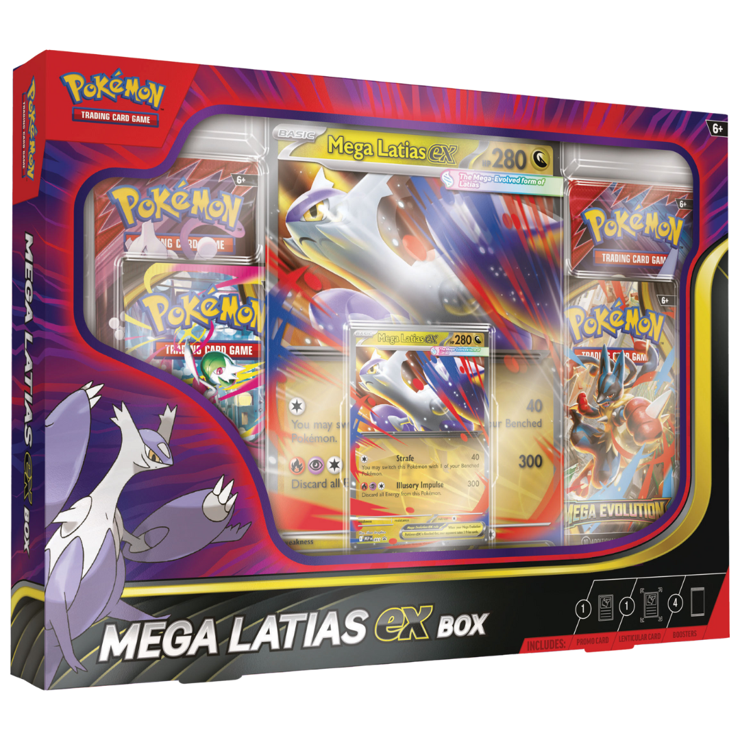 Pokémon Mega Latias EX Box set with foil promo, oversize lenticular card, and 4 booster packs