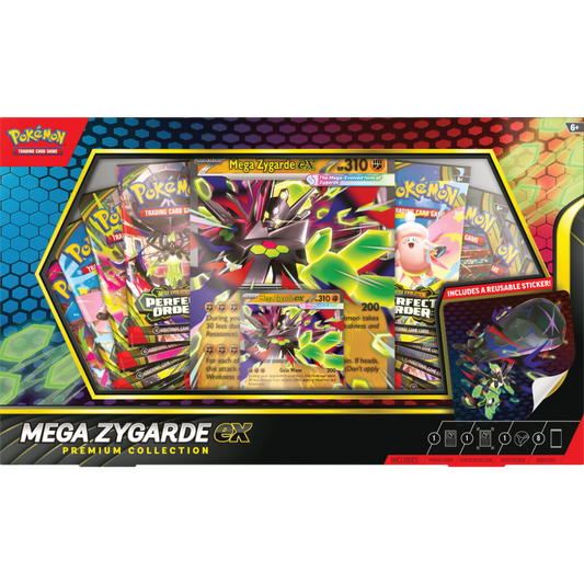 Pokemon Mega Zygarde Ex Premium Collection box with foil promo card, lenticular oversize card, and 8 booster packs