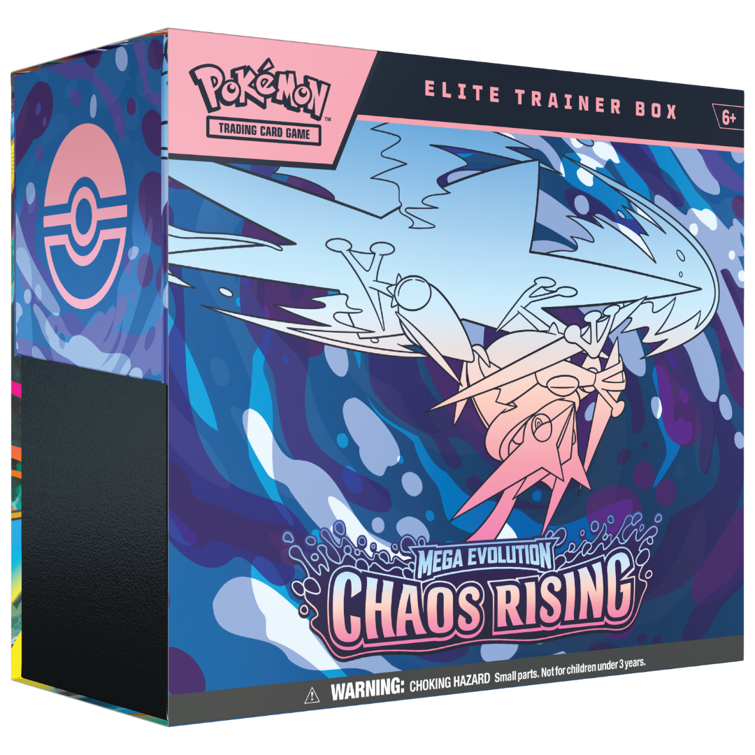Pokemon Chaos Rising Elite Trainer Box with Mega Evolution design and accessories