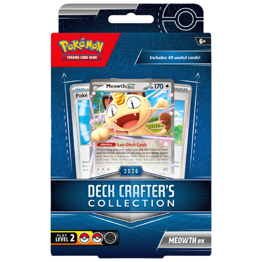 Pokemon TCG Deck Crafter's Collection with foil Meowth ex, 39 Trainer cards, booster pack, guide, and dividers.