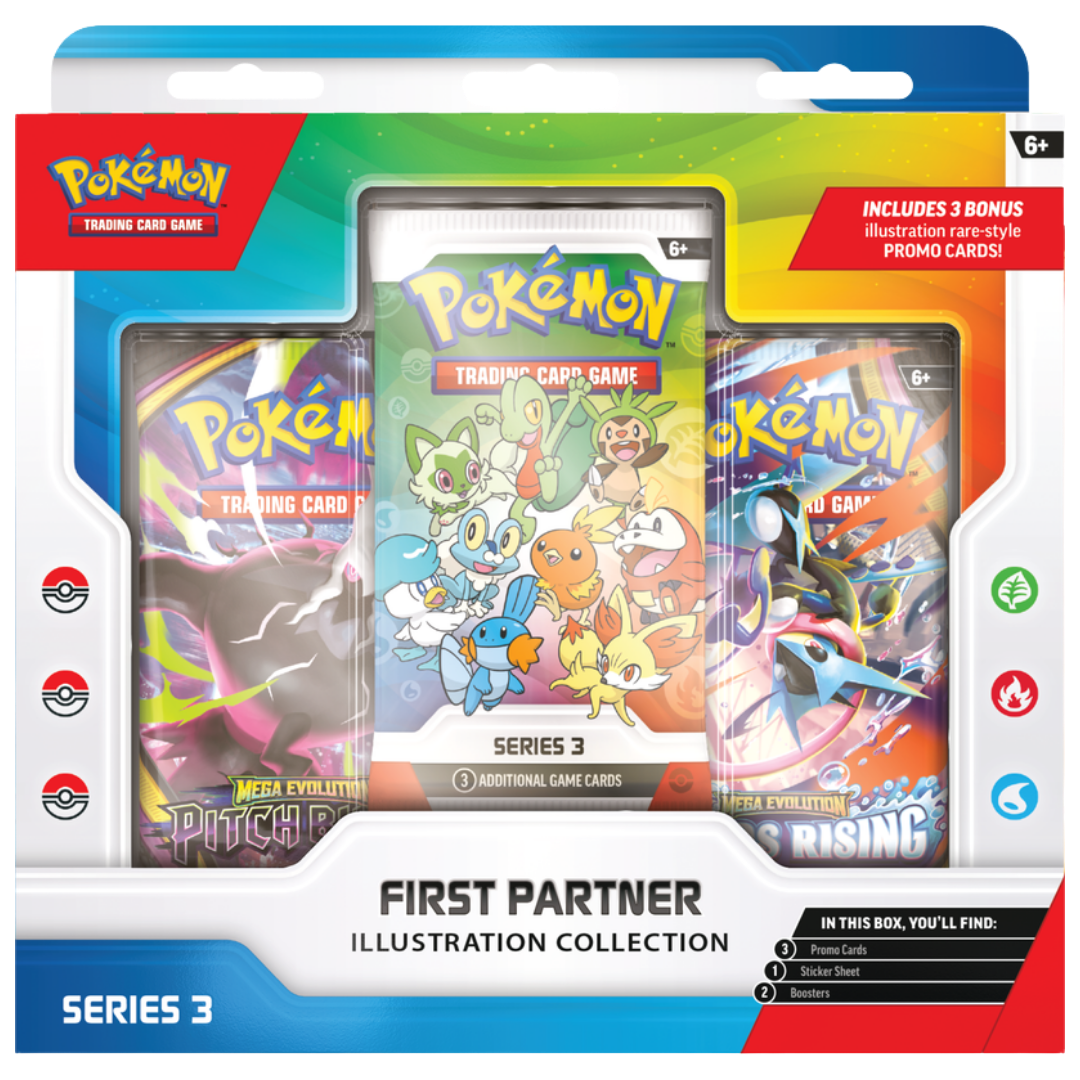 Pokemon First Partner Illustration Collection Series 3 with three promo cards, two booster packs and first partner sticker sheet