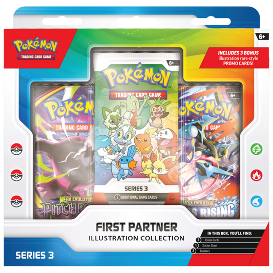 Pokemon First Partner Illustration Collection Series 3 with three promo cards, two booster packs and first partner sticker sheet