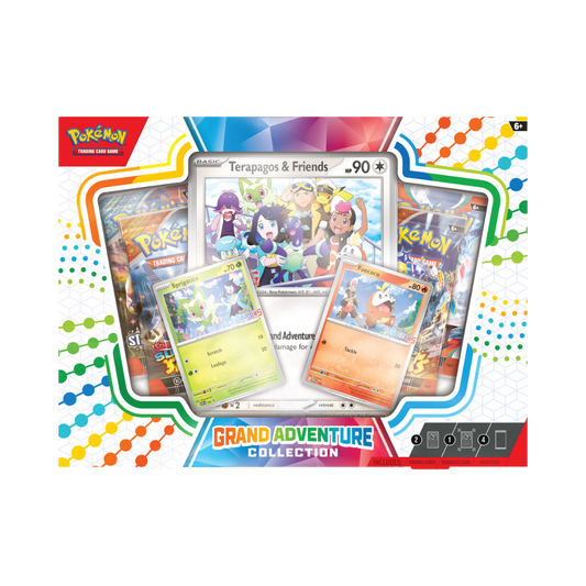 Pokémon TCG Grand Adventure Collection with foil promo cards of Sprigatito and Fuecoco, oversize Terapagos & Friends card, and 4 booster packs.