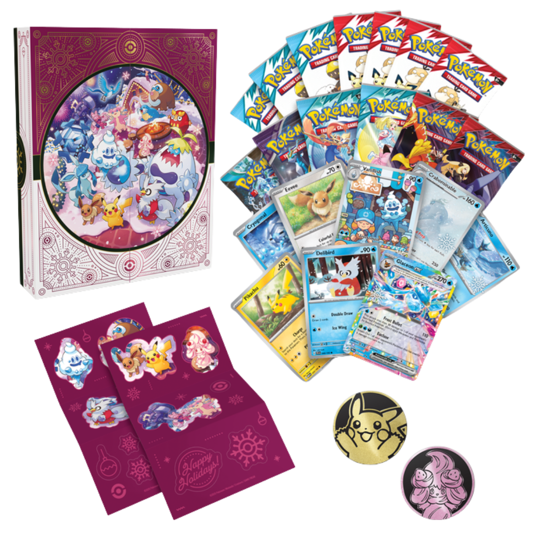 Pokémon 2025 Holiday Calendar with 25-day reveals: foil cards, booster packs, fun packs, coins, stickers, and code card