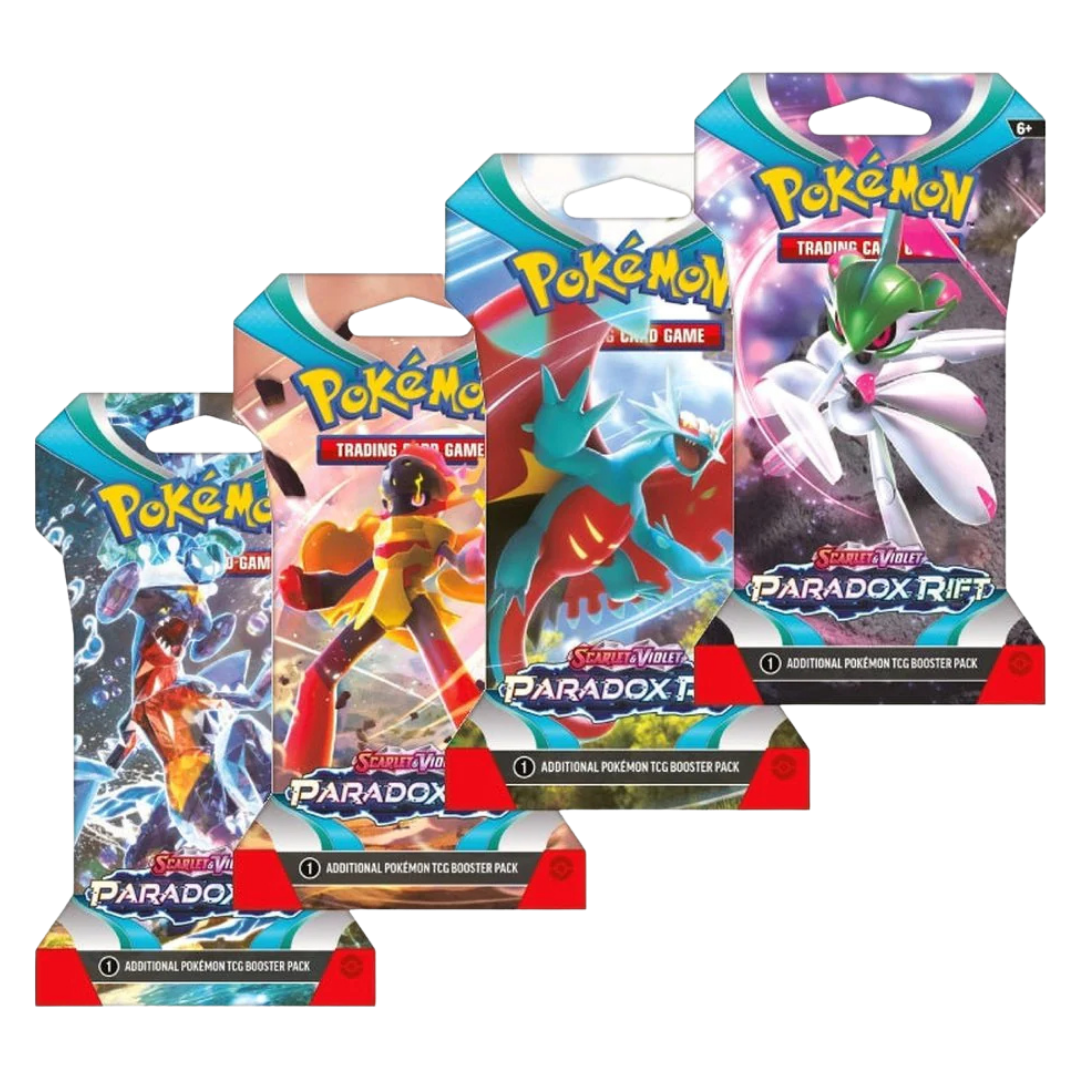 Pokémon Paradox Rift sleeved booster pack featuring assorted Scarlet and Violet Paradox Rift artwork