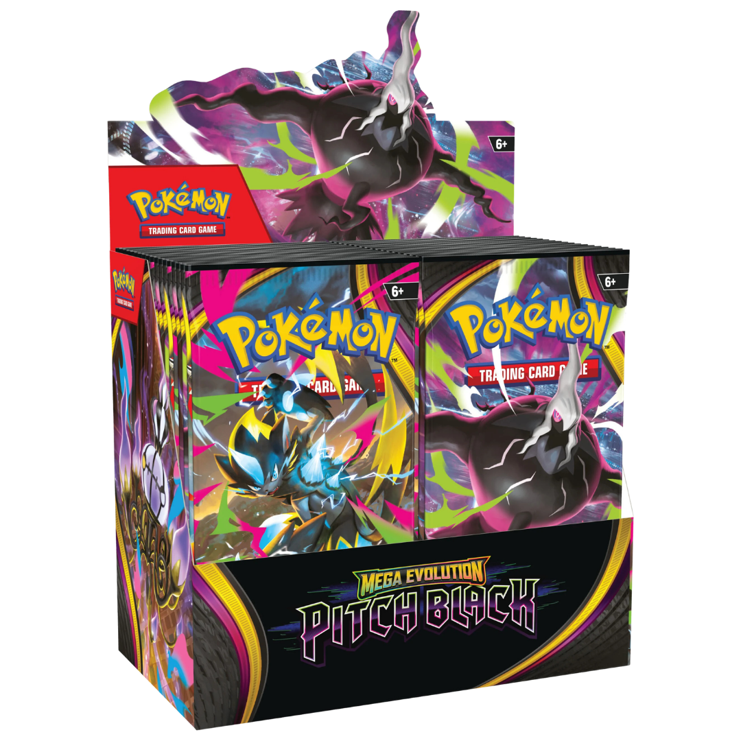 Pokémon TCG Mega Evolution Pitch Black Booster Box featuring Mega Darkrai ex and Mega Zeraora ex artwork
