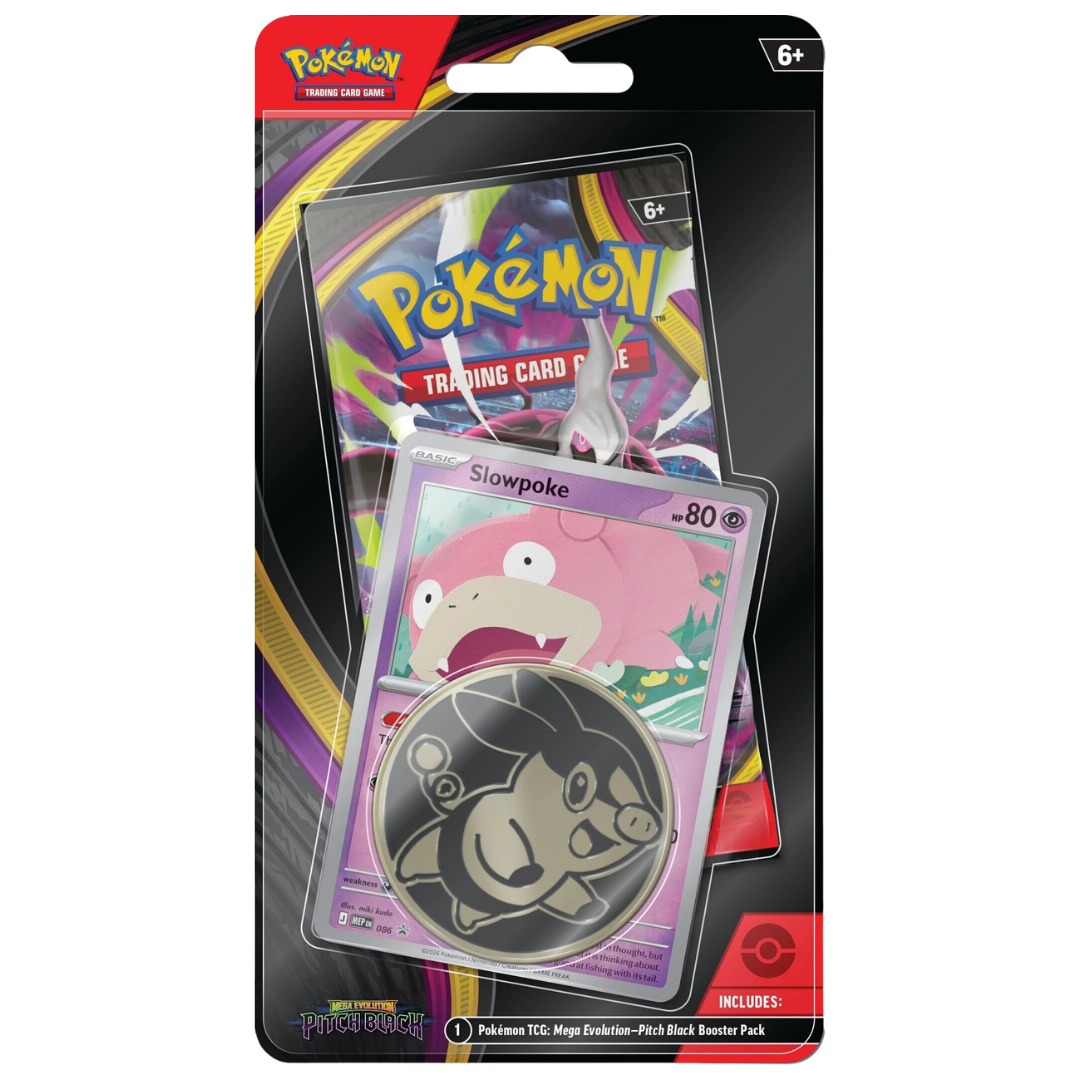 Pokemon TCG Mega Evolution Pitch Black Checklane Blister featuring Slowpoke promo card, collectible coin, and booster pack