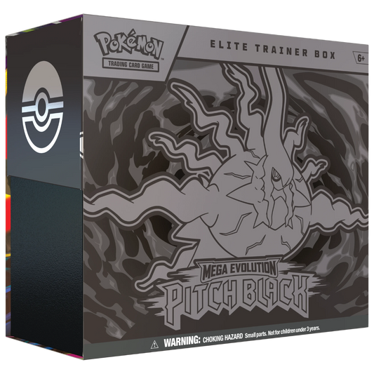 Pokémon TCG Mega Evolution Pitch Black Elite Trainer Box featuring Darkrai themed artwork and 9 booster packs