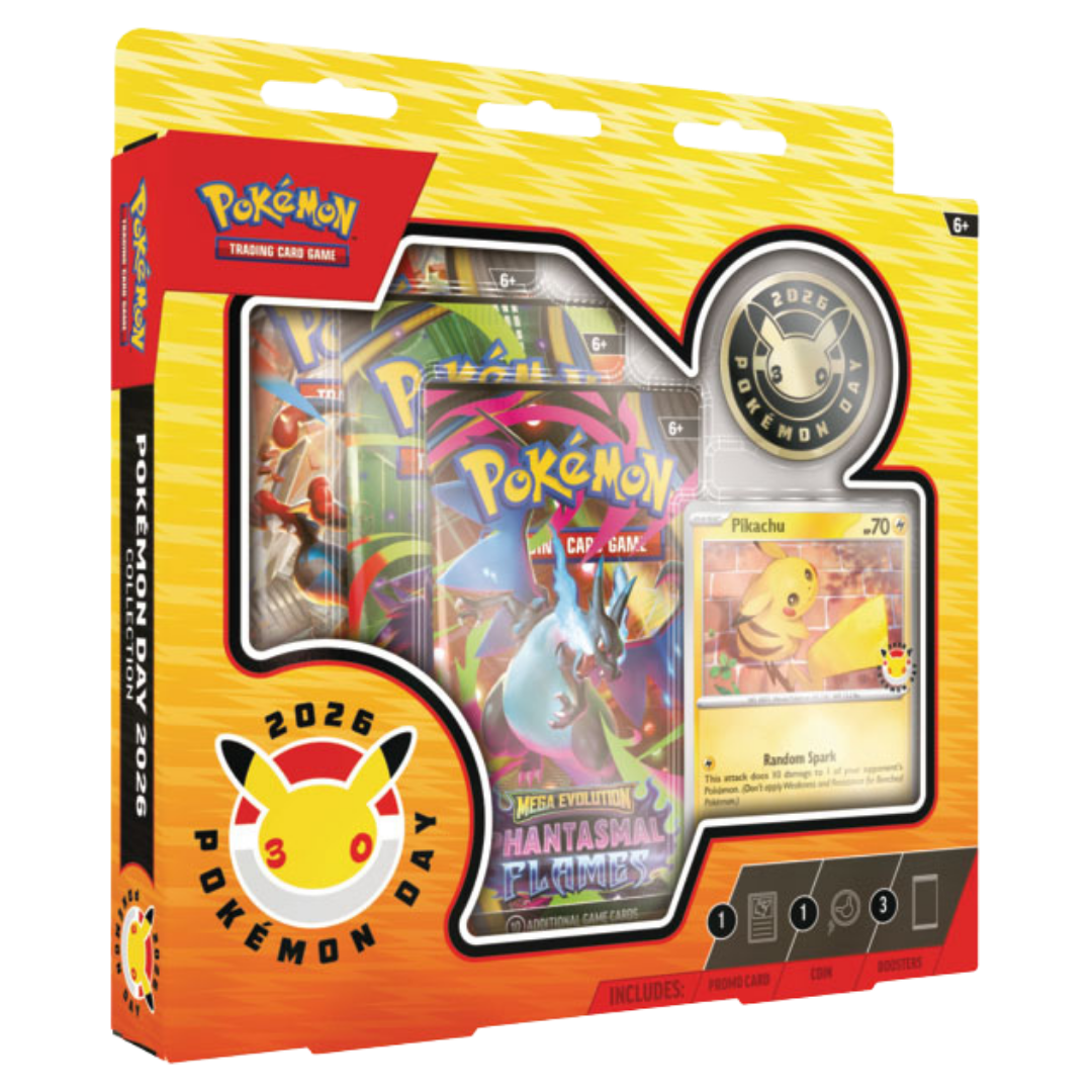 Pokémon Pokémon Day 2026 Collection box featuring Pikachu promo card, booster packs, and commemorative coin
