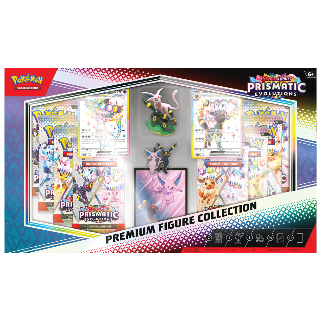 Pokémon Prismatic Evolutions Premium Figure Collection with Espeon ex and Umbreon ex promos, figure, pin, sleeves, and boosters