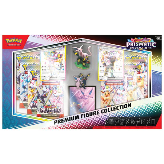Pokémon Prismatic Evolutions Premium Figure Collection with Espeon ex and Umbreon ex promos, figure, pin, sleeves, and boosters
