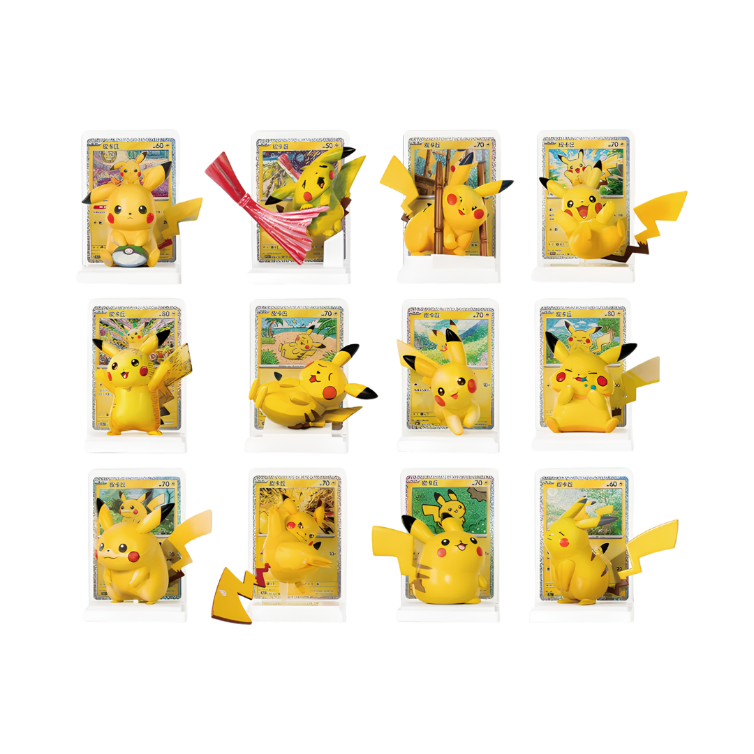 A 12-pack grid of Pikachu trading card figures in clear display stands, featuring various poses and color variations of the yellow character with red cheeks and black-tipped ears on a white background.