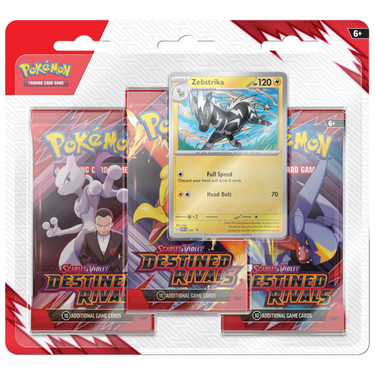 Pokemon SV10 Destined Rivals 3 Pack Blister Assorted, includes 3 booster packs, random promo card, and coin from the Scarlet & Violet Pokémon TCG expansion.