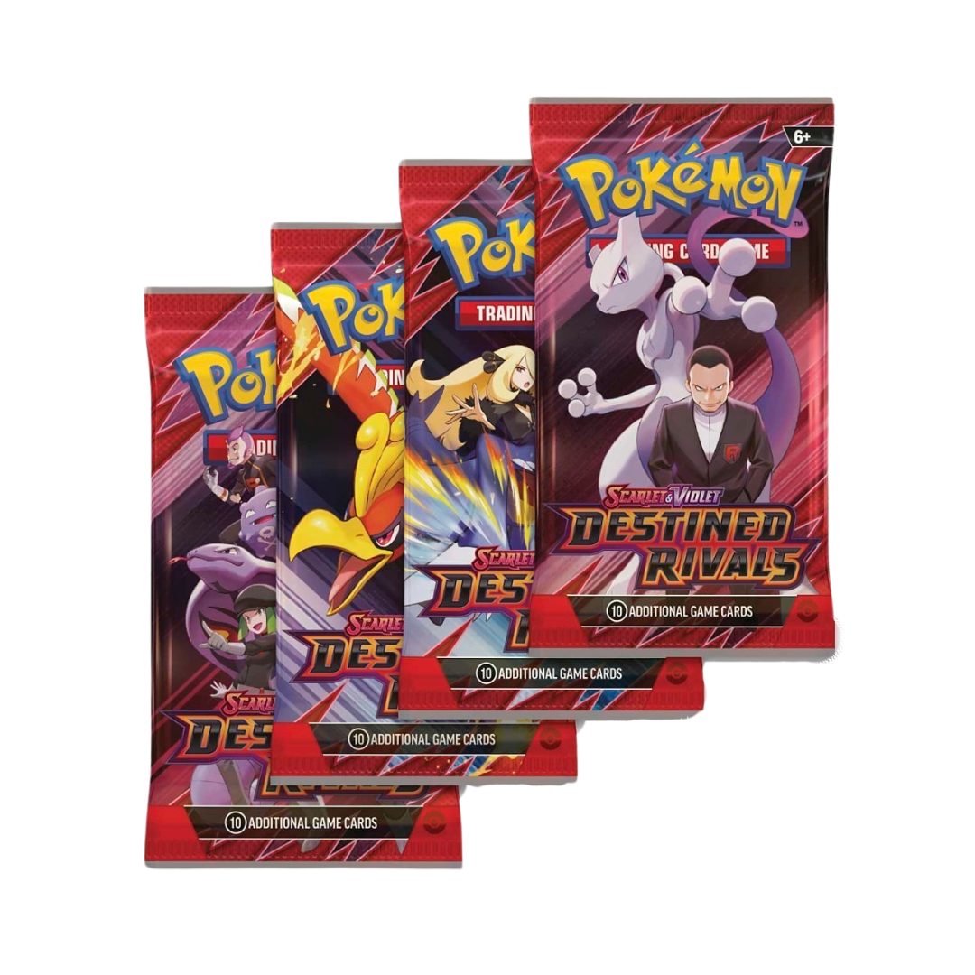Pokémon TCG: Scarlet & Violet—Destined Rivals Booster Pack featuring dynamic artwork of iconic Pokémon and Trainers.