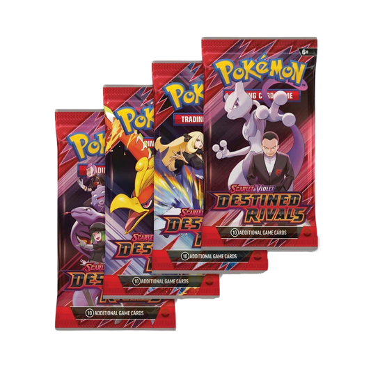 Pokémon TCG: Scarlet & Violet—Destined Rivals Booster Pack featuring dynamic artwork of iconic Pokémon and Trainers.