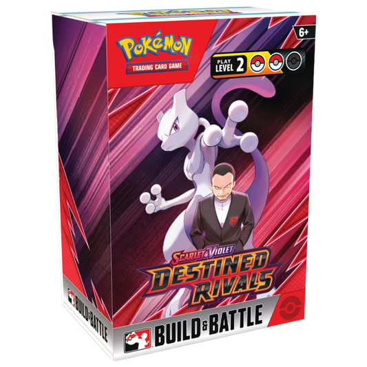 Pokemon SV10 Destined Rivals Build & Battle Box, pre-release kit with booster packs, ready-to-play deck, and exclusive promo card for Pokémon TCG players.