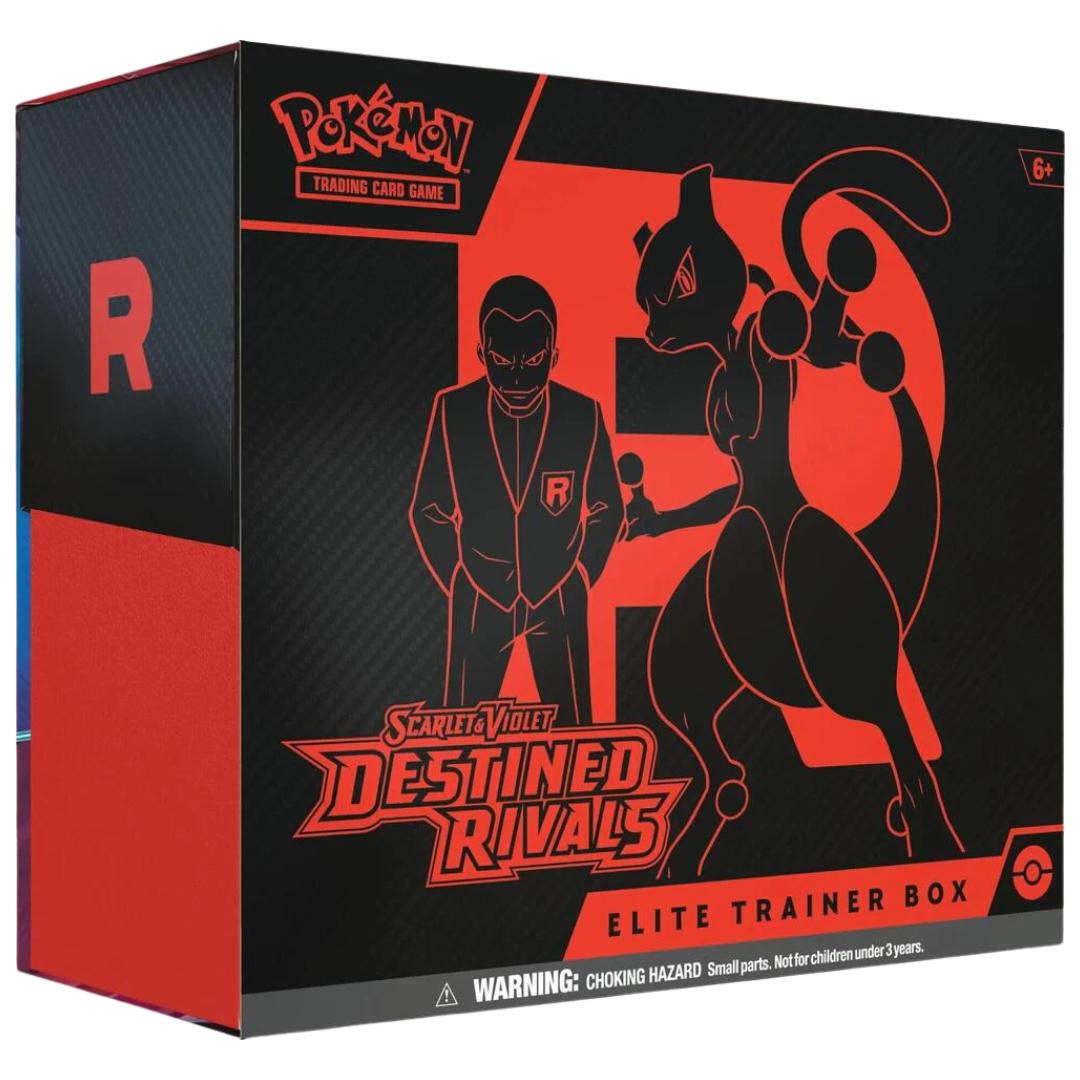 Pokemon SV10 Destined Rivals Elite Trainer Box, includes booster packs, promo card, sleeves, dice, and more for competitive and collector Pokémon TCG players.
