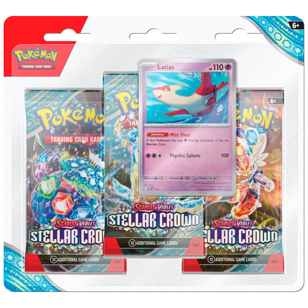 Pokémon Stellar Crown 3 Pack Blister (Latias), featuring TCG booster packs, exclusive promo card, and collectible metallic coin for Pokémon fans.