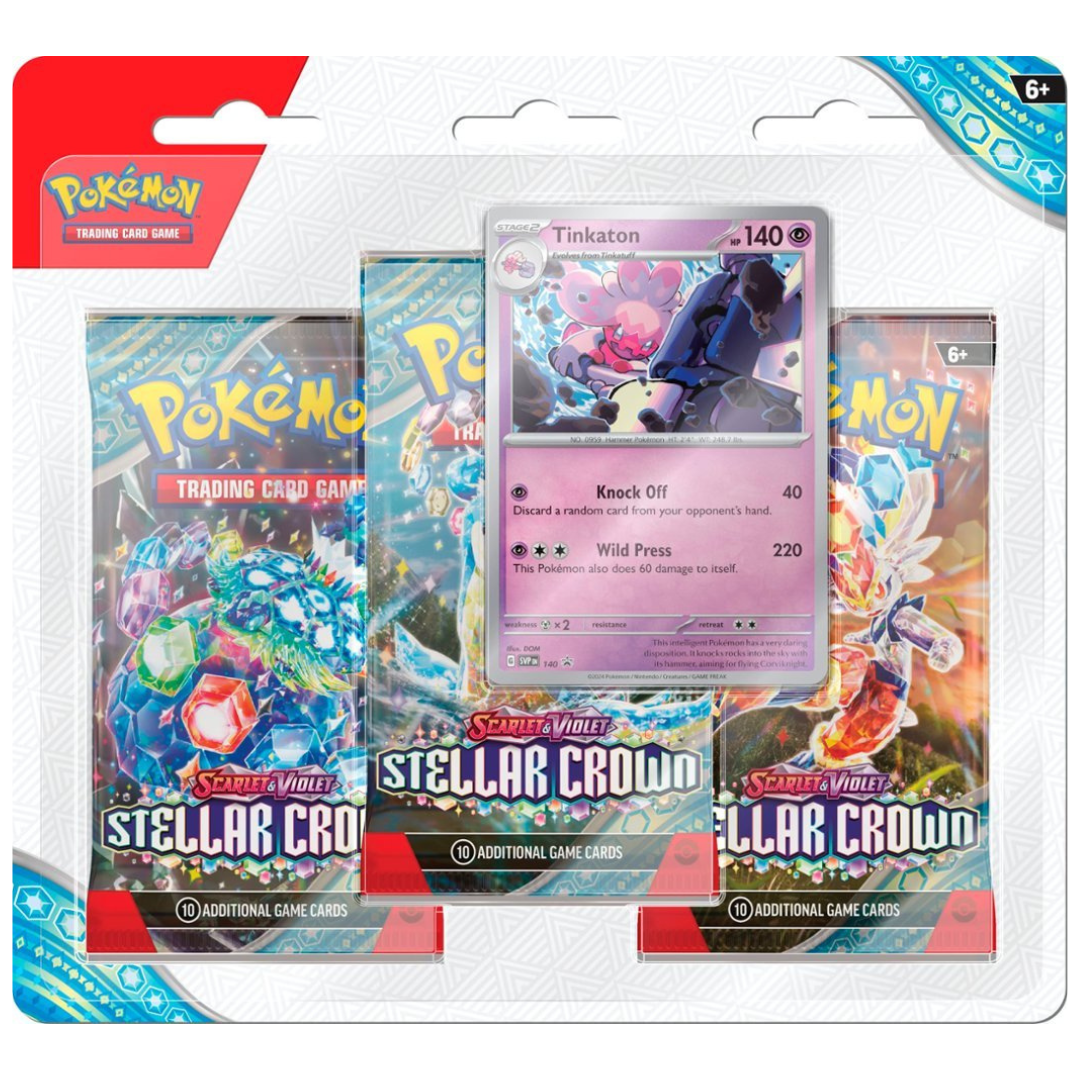 Pokémon Stellar Crown 3 Pack Blister (Tinkaton), featuring TCG booster packs, exclusive promo card, and collectible metallic coin for Pokémon fans.