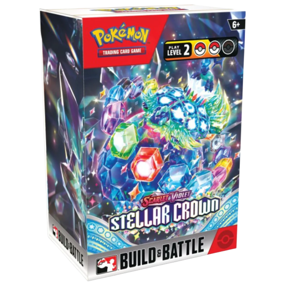 Pokémon Stellar Crown Build & Battle Box with 40-card deck, 4 TCG booster packs, and exclusive promo card for competitive gameplay and collectors.