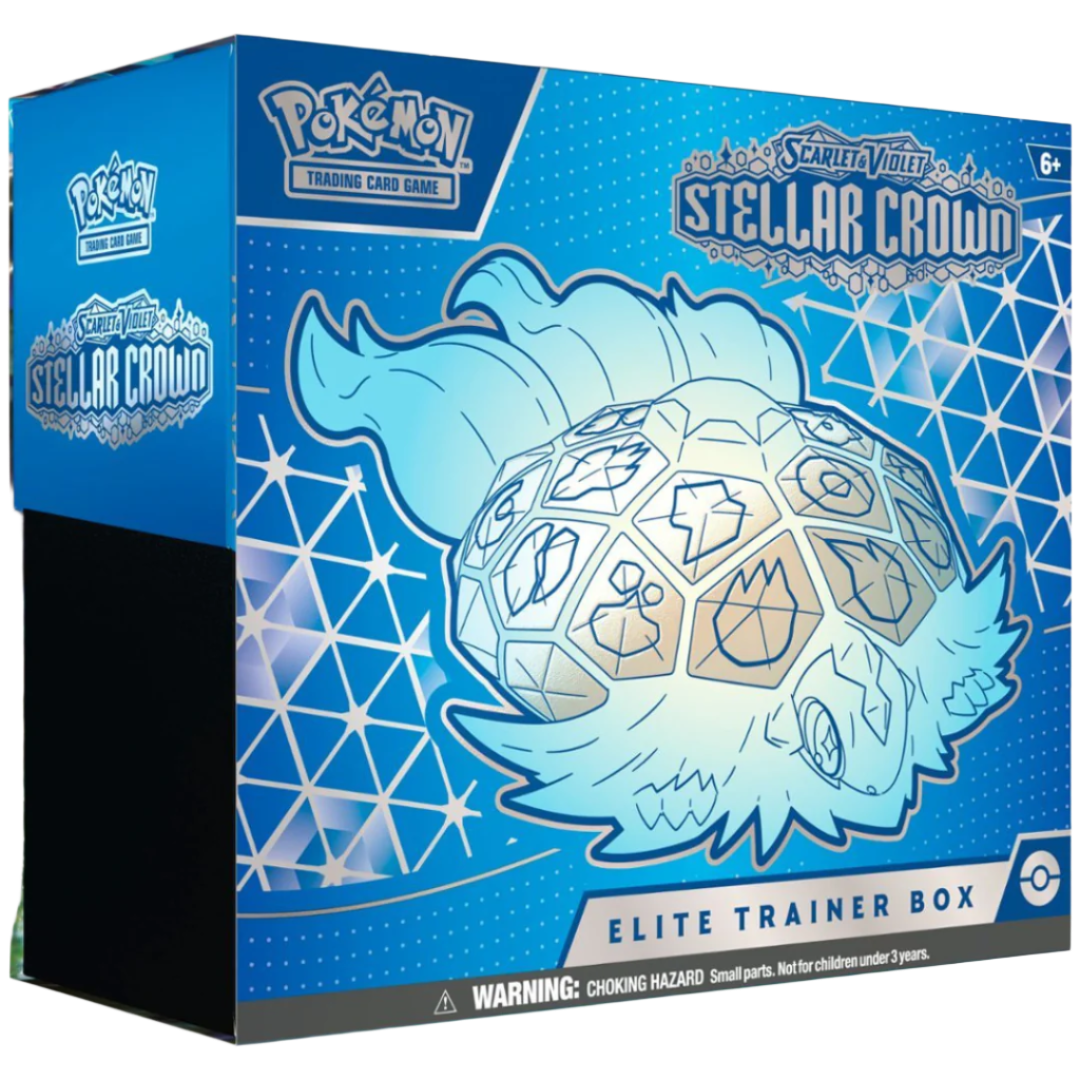 Pokémon Stellar Crown Elite Trainer Box, featuring 8 booster packs, card sleeves, energy cards, dice, and essential gameplay accessories.