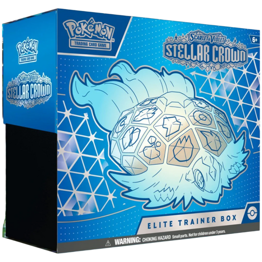 Pokémon Stellar Crown Elite Trainer Box, featuring 8 booster packs, card sleeves, energy cards, dice, and essential gameplay accessories.