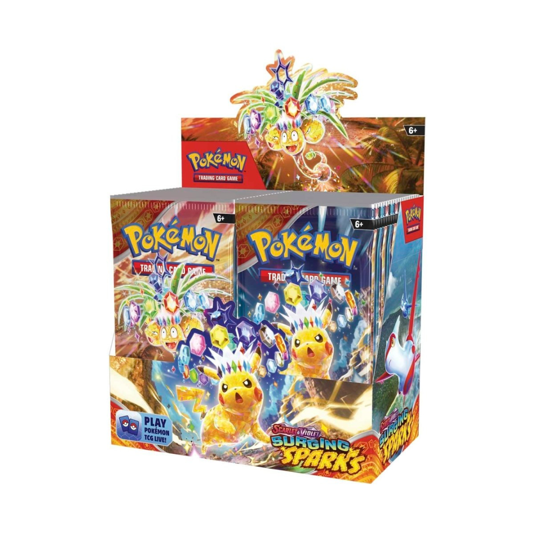 Pokémon TCG Scarlet & Violet—Surging Sparks Booster Box featuring Pikachu ex and Alolan Exeggutor ex, includes 36 sealed booster packs with collectible cards for players and collectors.