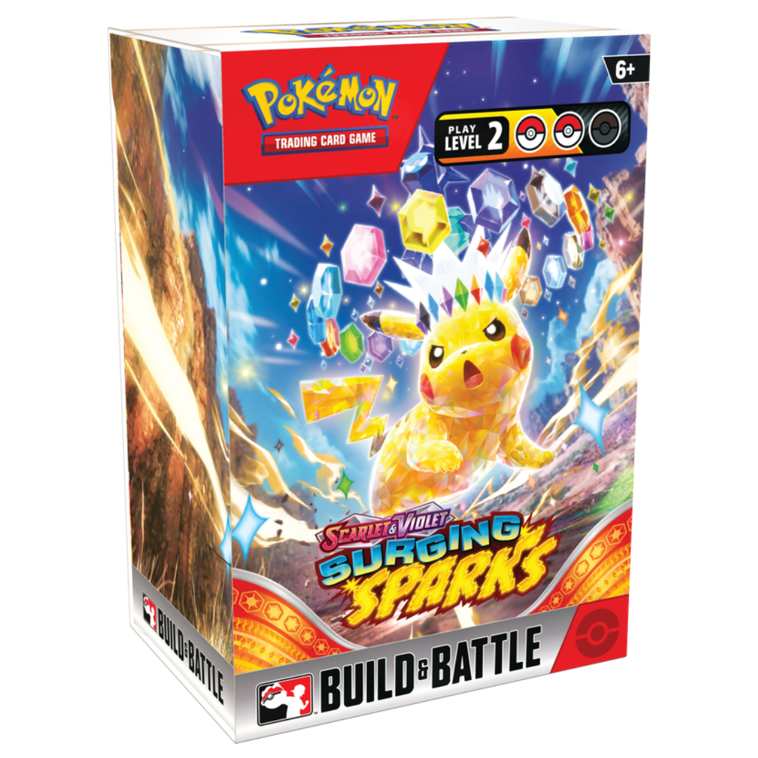Pokémon TCG Scarlet & Violet—Surging Sparks Build & Battle Kit with 40-card deck, 4 booster packs, foil promo card, and code card for Pokémon TCG Live.