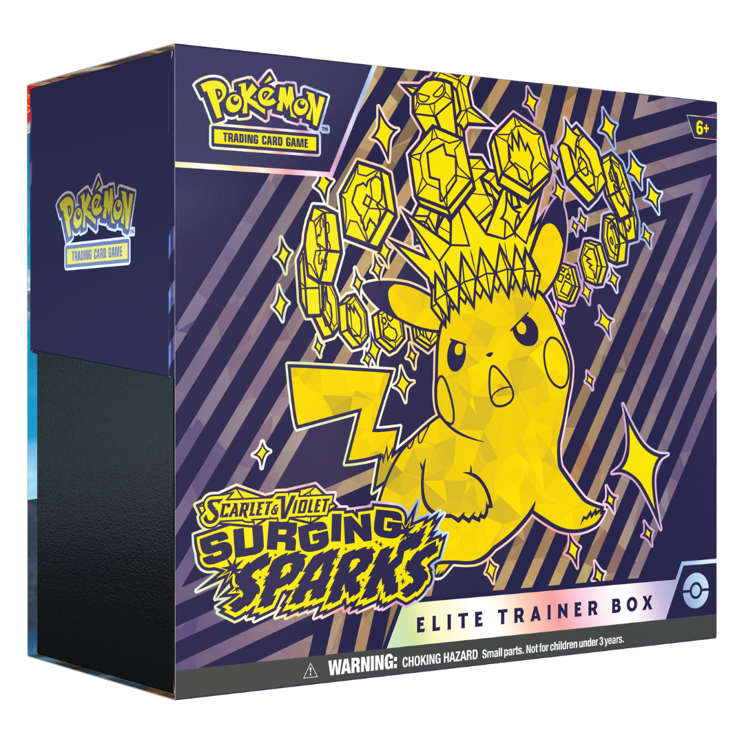 Pokémon TCG Scarlet & Violet—Surging Sparks Elite Trainer Box with 9 booster packs, Magneton foil promo card, card sleeves, energy cards, and collector's box.