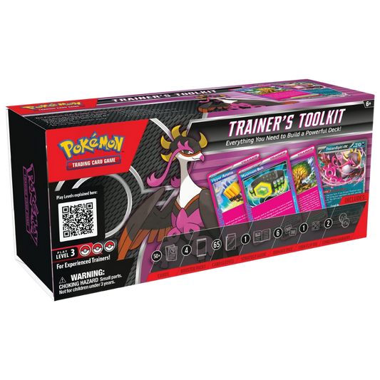 Pokemon TCG Trainer’s Toolkit 2025 box featuring Fezandipiti ex and included accessories