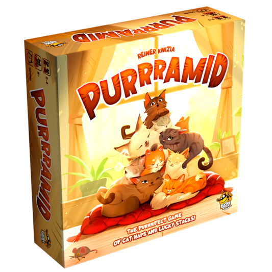 Purrramid card game box featuring colorful cat artwork and pyramid theme
