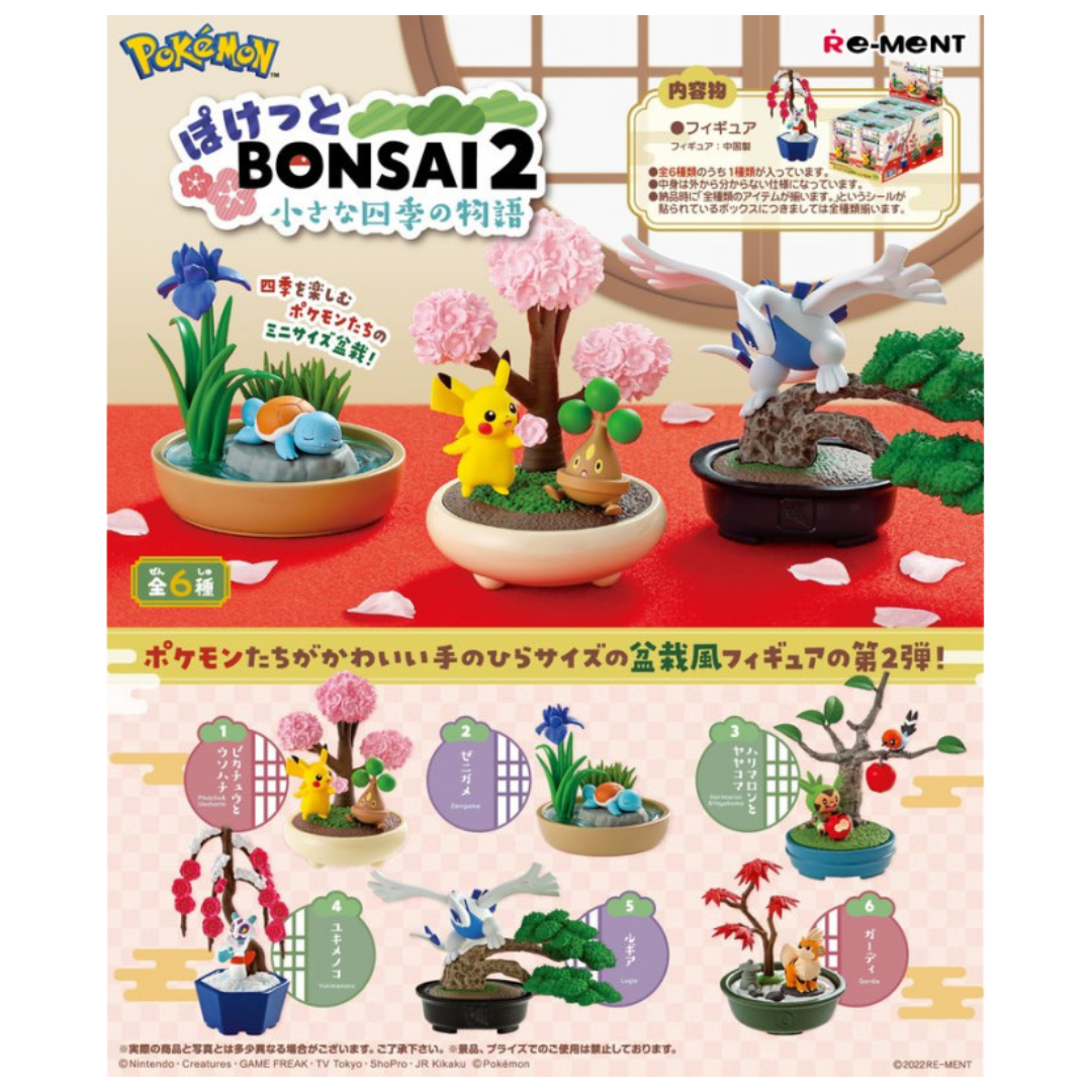 Re-Ment Pokémon Pocket Bonsai Vol. 2 Blind Box Set of 6 featuring detailed bonsai-style displays with Pokémon characters in serene settings.