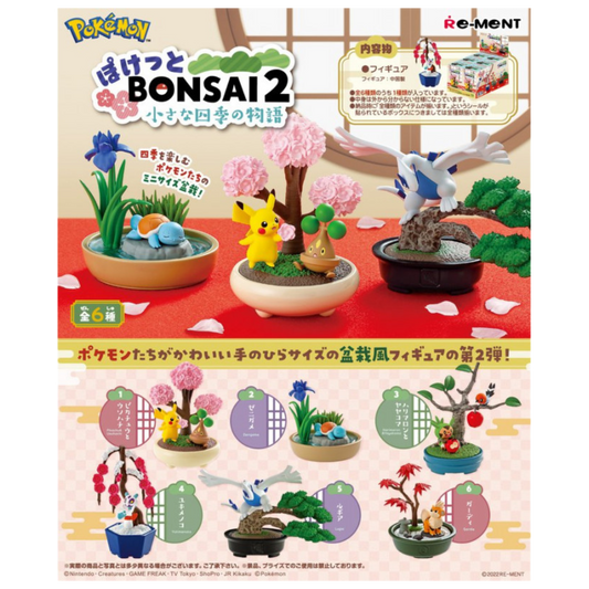 Re-Ment Pokémon Pocket Bonsai Vol. 2 Blind Box Set of 6 featuring detailed bonsai-style displays with Pokémon characters in serene settings.