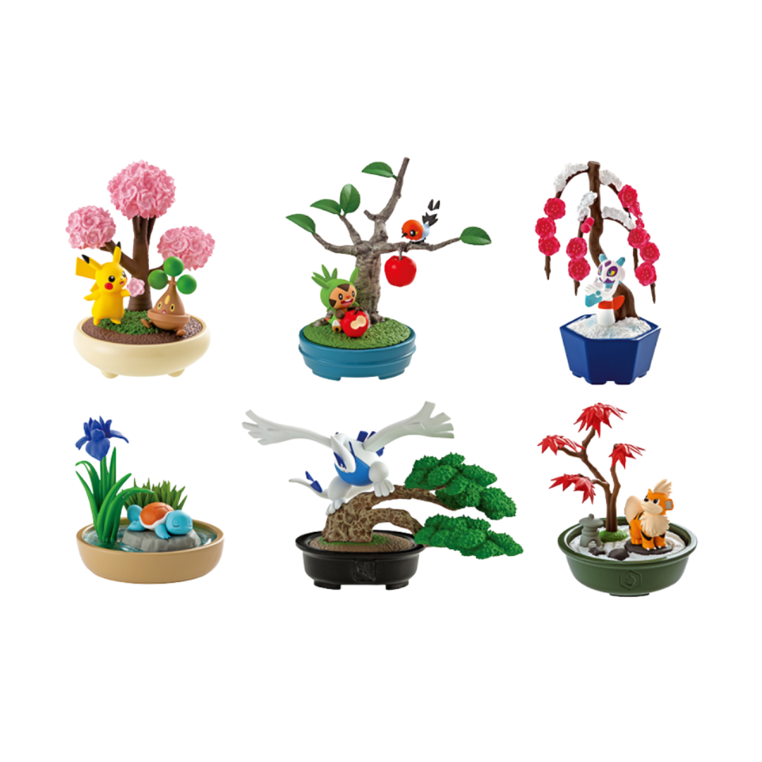 Re-Ment Pokémon Pocket Bonsai Vol. 2 Blind Box Set of 6 featuring detailed bonsai-style displays with Pokémon characters in serene settings.