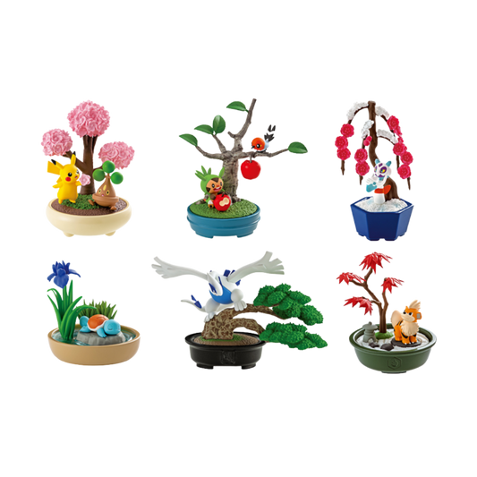 Re-Ment Pokémon Pocket Bonsai Vol. 2 Blind Box Set of 6 featuring detailed bonsai-style displays with Pokémon characters in serene settings.