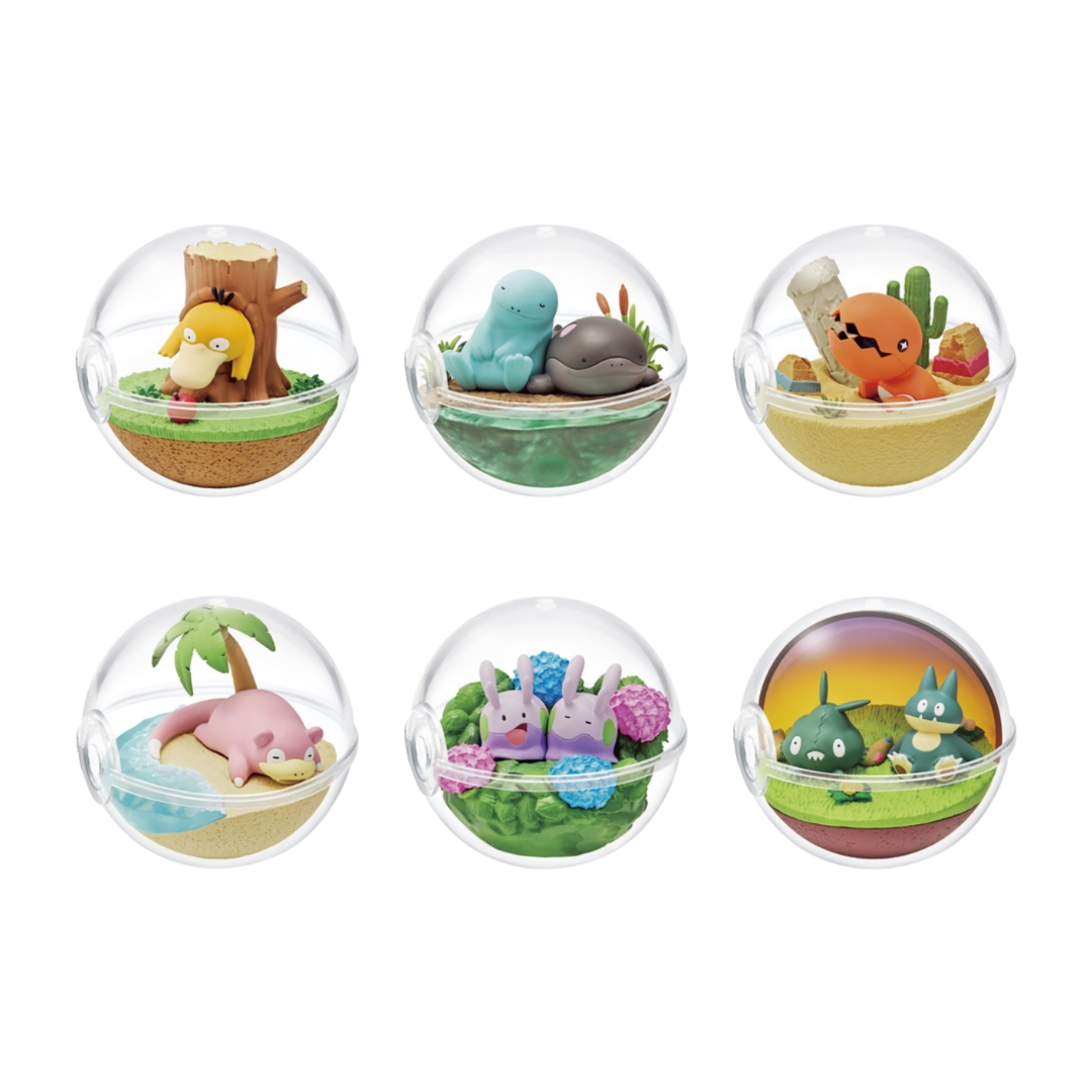 Re-Ment Pokémon Terrarium - Relaxing Moments Blind Box featuring mini Pokémon figures in detailed terrarium settings.